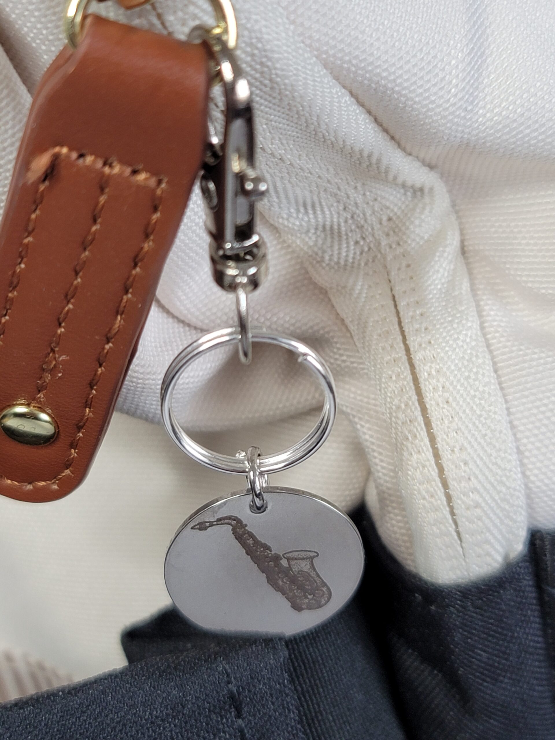 Laser Engraved Saxophone Keychain Fob – Steel Musician Zipper Pull - Image 3