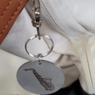 Laser Engraved Saxophone Keychain Fob – Steel Musician Zipper Pull
