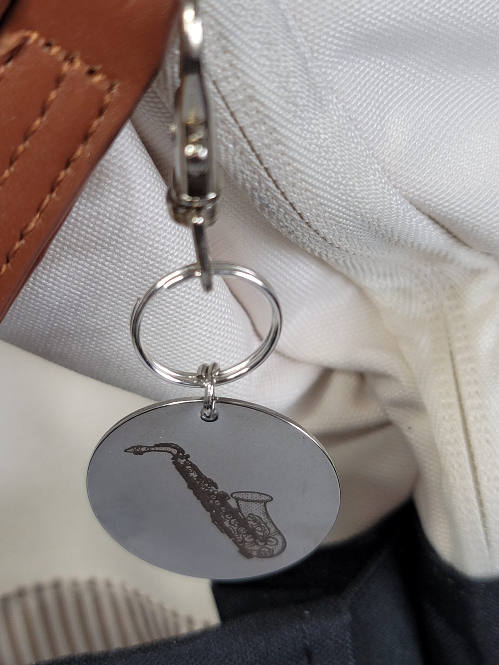 Laser Engraved Saxophone Keychain Fob – Steel Musician Zipper Pull