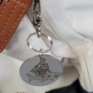Admiral Whiskers Rides Shark Fang – Laser Engraved Adventure Cat Keychain Fob