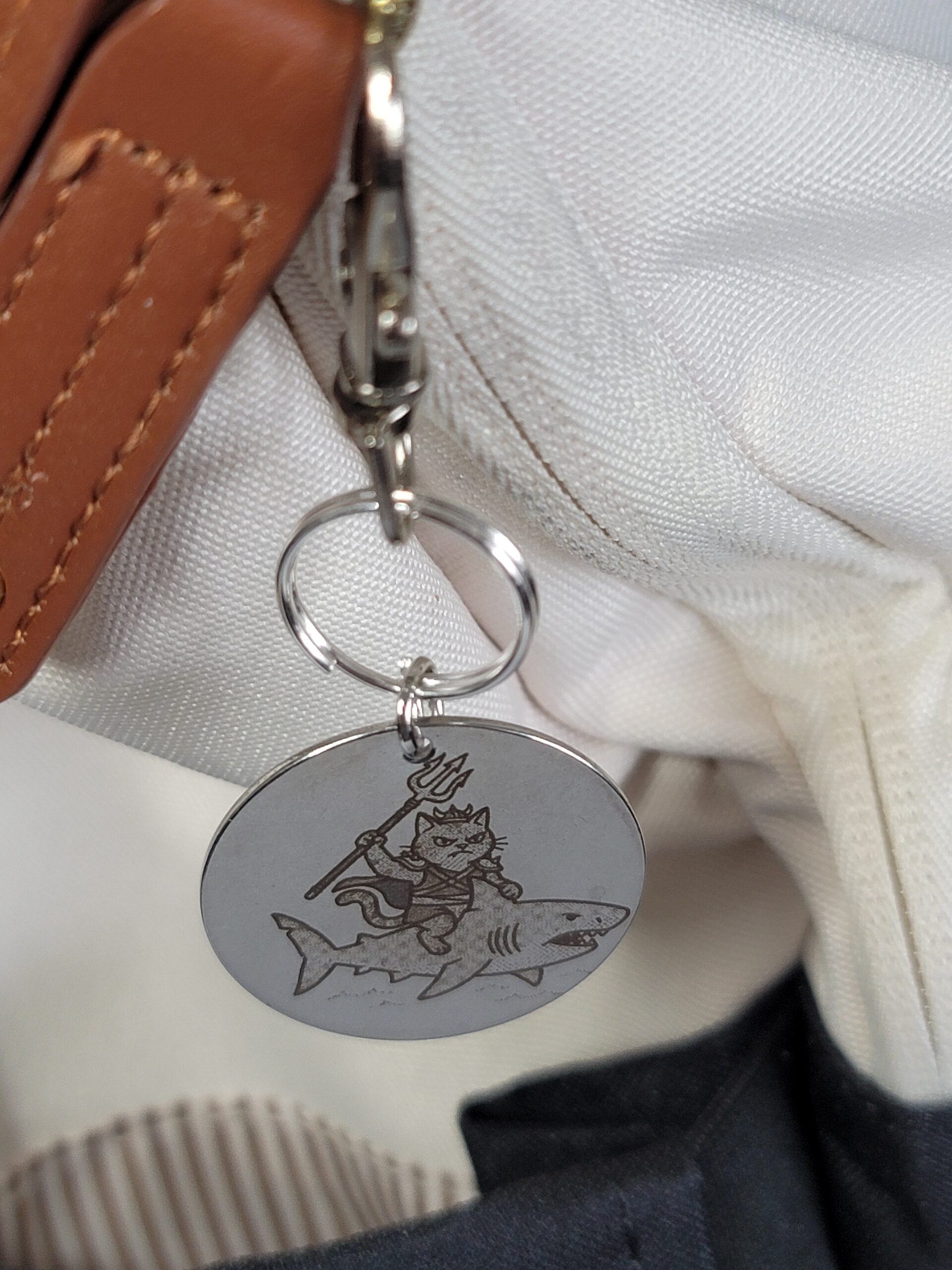 Admiral Whiskers Rides Shark Fang – Laser Engraved Adventure Cat Keychain Fob