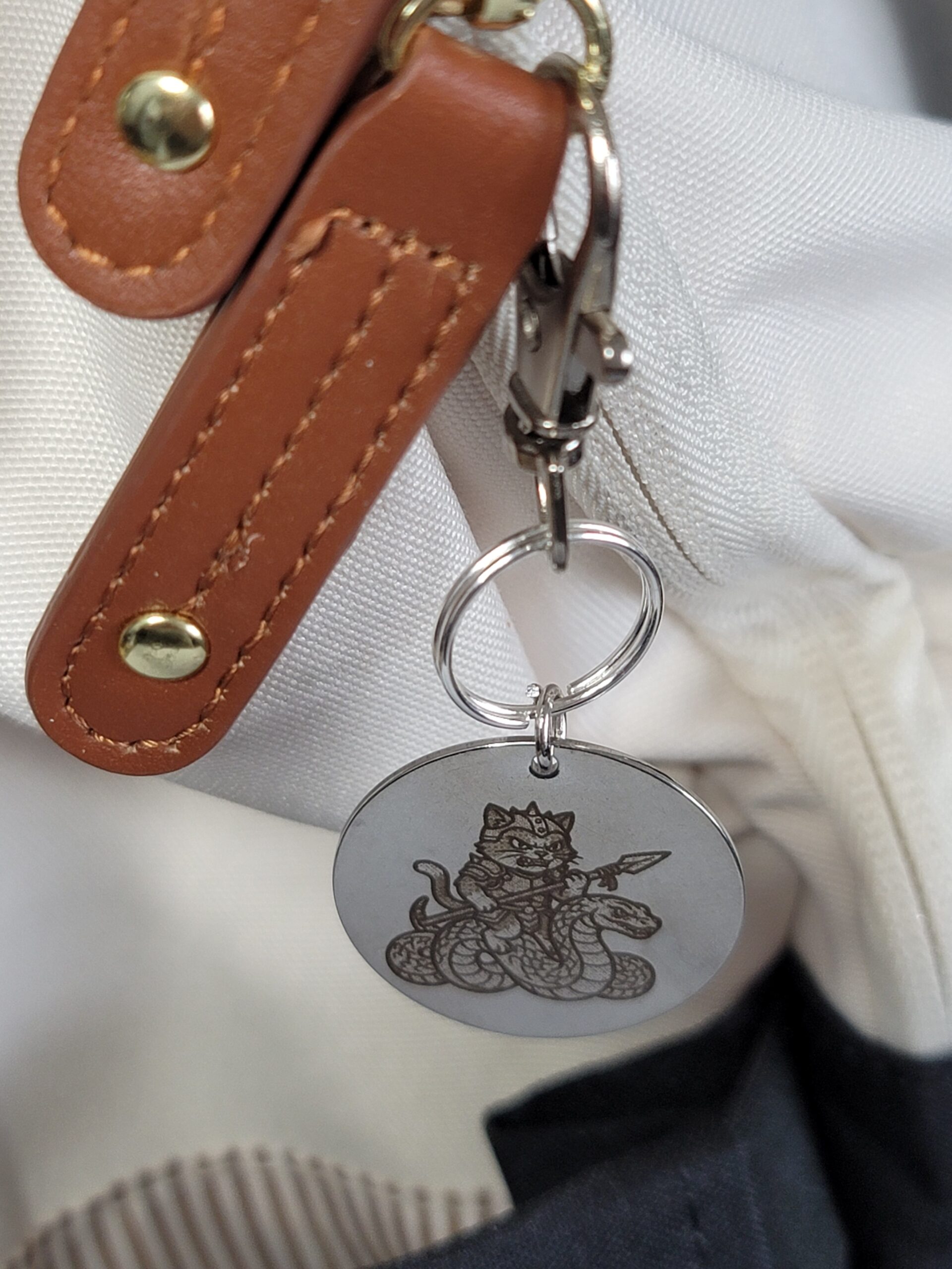 Master Henry and his Serpent Steed – Laser Engraved Adventure Cat Keychain Fob