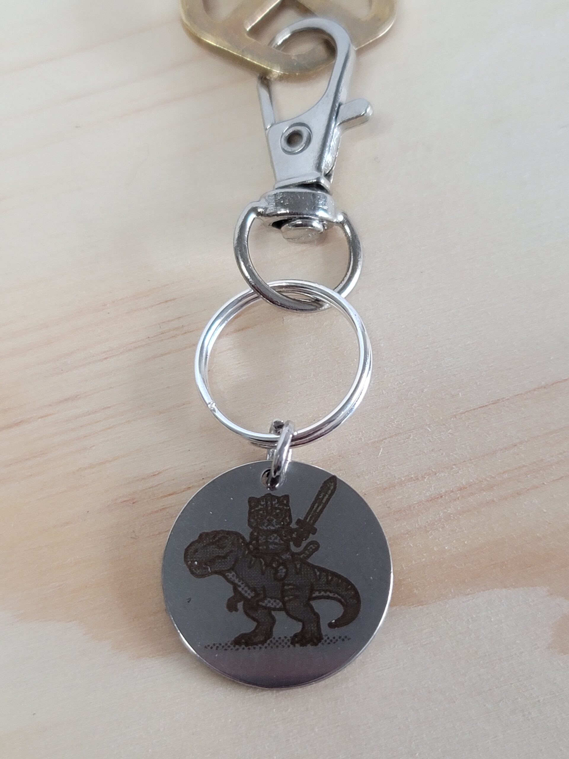 Captain Muffin Rides a T-Rex – Laser Engraved Adventure Cat Keychain Fob - Image 4
