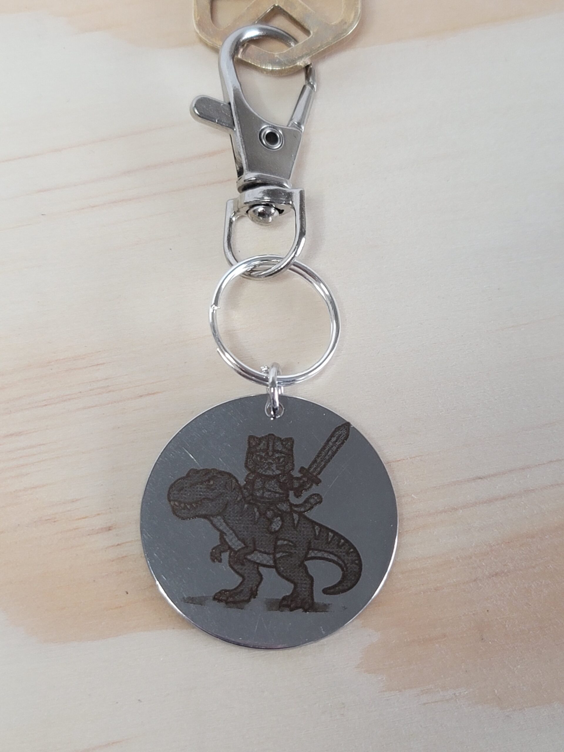 Captain Muffin Rides a T-Rex – Laser Engraved Adventure Cat Keychain Fob - Image 2